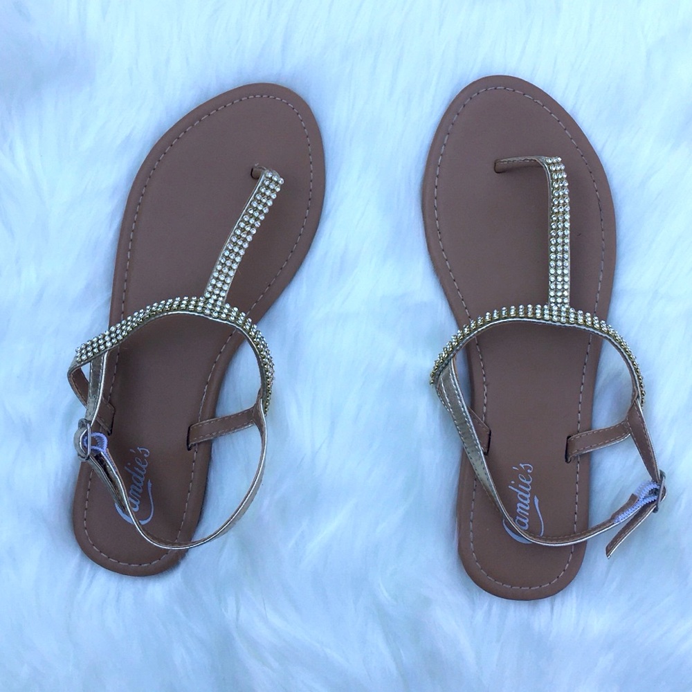 Candie’s Embellished T-Strap Flat Sandals Gold 7/8
